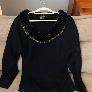Nina Leonard Black Sweater Faux Fur